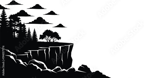 Dramatic landscape with trees and cliffs a striking black silhouette
