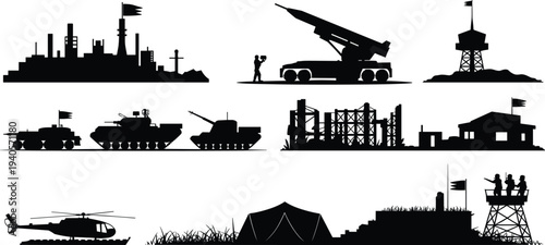 Military base and army equipment silhouettes collection, tanks missile launcher helicopter watchtower camp illustration isolated on white background