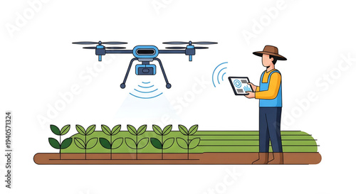 A farmer uses a drone and tablet to monitor and manage his crops in a modern agricultural setting.
