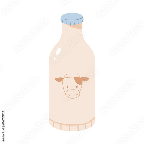 Milk Bottle with Cow icon label Flat Illustration. Representing fresh dairy product and farm milk packaging. Organic dairy product concept for grocery, and healthy nutrition designs.