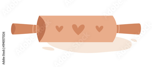 Wooden rolling pin with heart decorations, baking tool concept for homemade dough, pastry making and cozy kitchen cooking. Flat vector illustration.