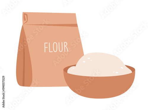 Flour Bag and Bowl with Baking Flour. Simple kitchen ingredient concept for cooking, baking and homemade bread preparation. Homemade bakery concept.