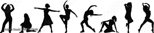 Silhouettes of women performing various dance poses in black and white