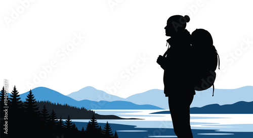 Hiker with backpack overlooks a scenic mountain landscape silhouette
