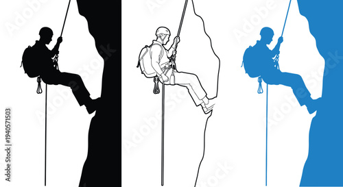 Rappelling climber shown in three distinct color variations silhouette