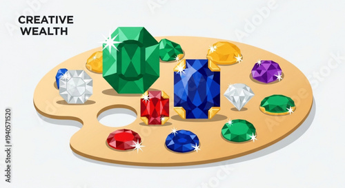 Creative wealth concept with colorful jewels on a painter's palette symbolizing artistic abundance and luxury