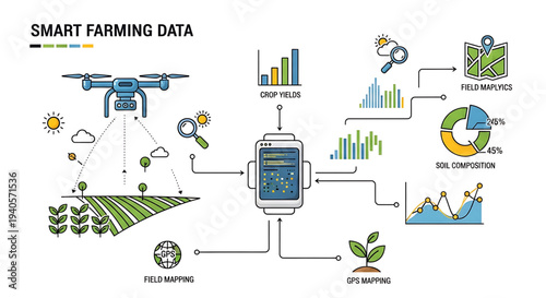 A vector graphic illustration of smart farming data collection and analysis with drone technology