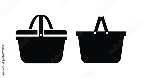 Two black picnic baskets displayed side by side a simple silhouette