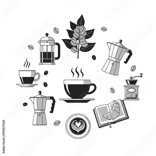 Coffee brewing equipment, beans, and latte art arranged in a circle with a croissant and book