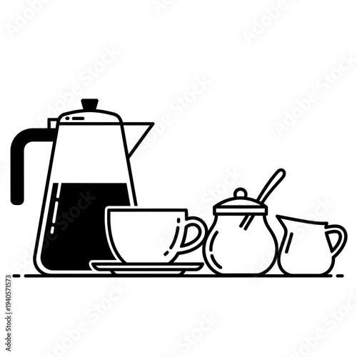 Coffee Set: Carafe, Cup, Sugar Bowl, Creamer - Minimalist Line Art Icon