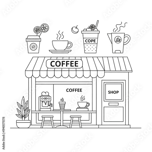 Coffee shop exterior with drinks and coffee machine, vector illustration