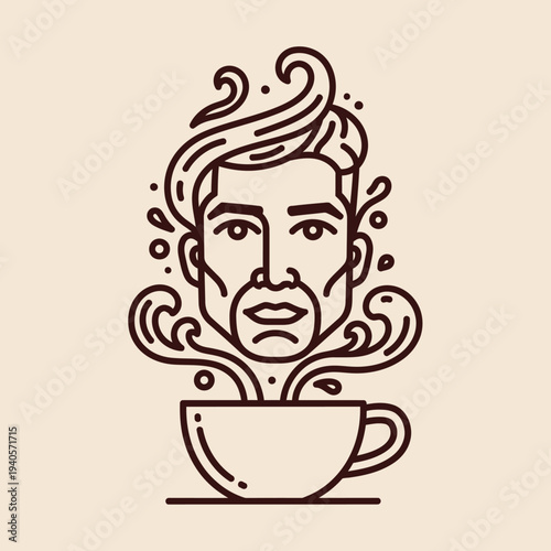 Man's Face Emerging from Coffee Cup Steam, Artistic Line Art Illustration