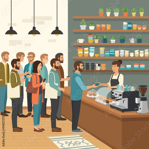 Customers queue at coffee shop counter for barista service, enjoying cafe atmosphere