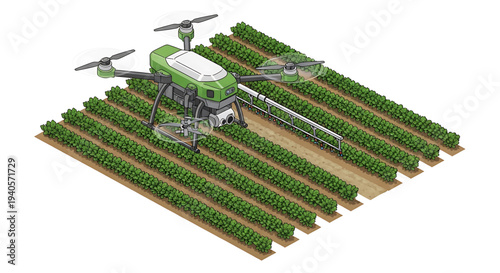A green drone flying over a field of crops in a vector graphic illustration