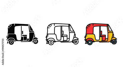 Three colorful depictions of a traditional indian auto rickshaw silhouette