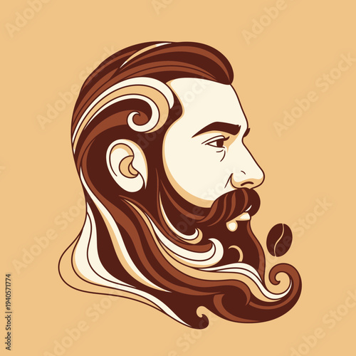 Stylish Man with Coffee Bean Beard and Swirling Hair, Vintage Style
