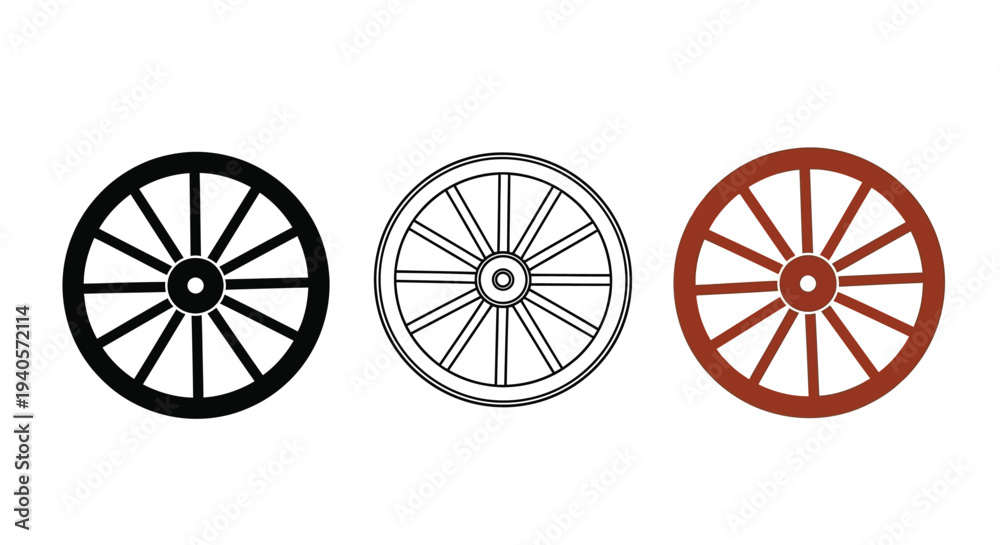 Fototapeta premium Three wagon wheels in varying styles a striking silhouette