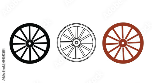 Three wagon wheels in varying styles a striking silhouette