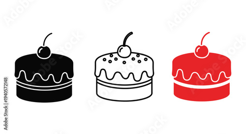 Three colorful cakes with cherry toppings in a simple silhouette