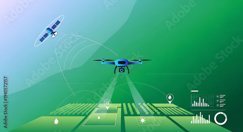 A vector graphic illustration of a drone flying over a farm with a satellite in the sky, surrounded by various icons and graphics representing technology and data analysis.