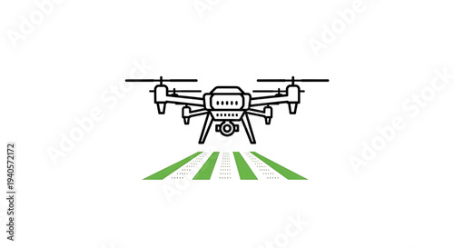 A minimalist vector graphic illustration of a drone flying over a field