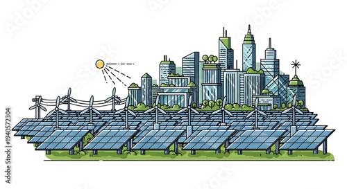 A vector graphic illustration of a city skyline with a solar panel farm in the foreground, showcasing renewable energy and sustainable urban planning.