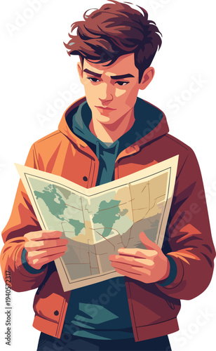 Escursionista con mappa che cerca la strada in montagna – illustrazione vettoriale