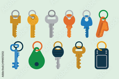 Collection of colorful keys and keychains on a light background