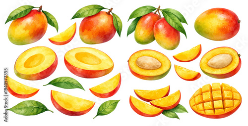 A charming watercolor collection of mango fruits with juicy slices, halves, and leaves for botanical fruit illustrations and tropical summer design.