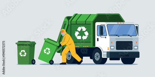 Sanitation worker collecting trash with a recycling truck and bins