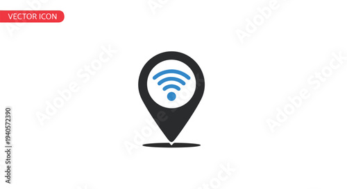 Wifi location pin vector icon with blue signal symbol isolated on white background