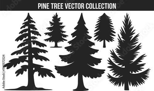 Pine tree silhouette vector collection, evergreen forest tree set illustration, black nature clipart, conifer woodland icon design bundle