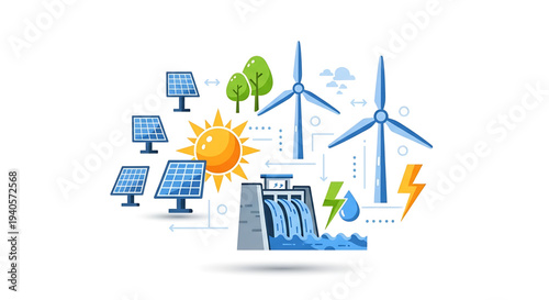 A vector graphic illustration of renewable energy sources including solar panels, wind turbines, and hydroelectric power