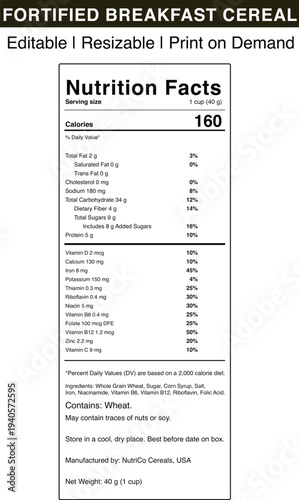 Fortified breakfast cereal nutrition facts label