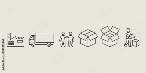 Simple line art icons representing logistics and delivery process