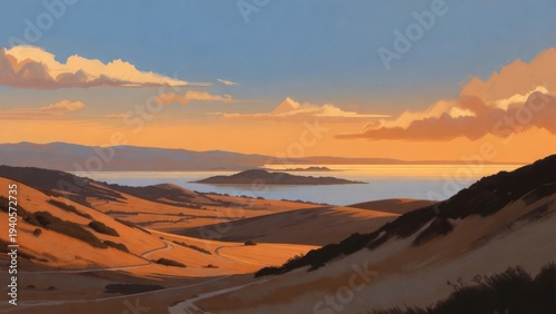 Serene coastal landscape at sunset with rolling hills and distant islands.