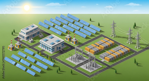 A vector graphic illustration of a modern solar power plant with solar panels and electrical infrastructure