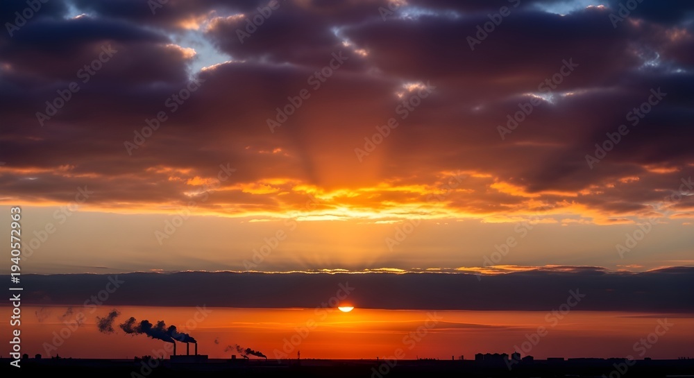 Obraz premium Vibrant sunset over industrial landscape with smokestacks