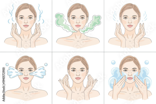 Woman performing a six step facial skincare routine with water and products