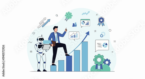 Flat vector illustration of a businessman standing on a business growth chart with an arrow pointing up, symbolizing financial success, business development, investment and career advancement.