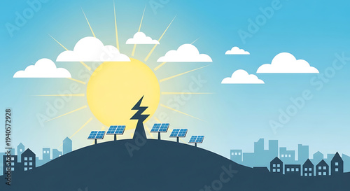 A vector graphic illustration of a solar power plant on a hill with a city skyline in the background, generating clean energy under a sunny sky with clouds.