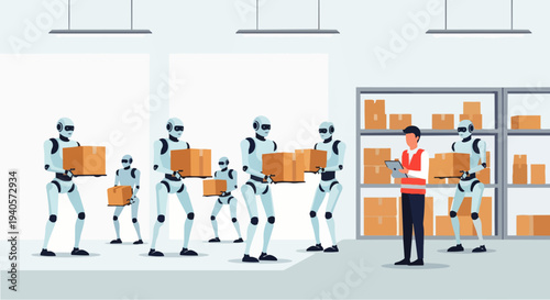 Flat vector illustration depicting an AI robot carrying cardboard boxes inside a modern warehouse, supervised by a human holding a tablet. Industrial automation, logistics, and distribution with AI