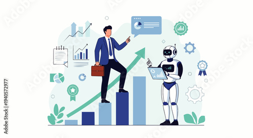 Flat vector illustration of a businessman standing on a business growth chart with an arrow pointing up, symbolizing financial success, business development, investment and career advancement.