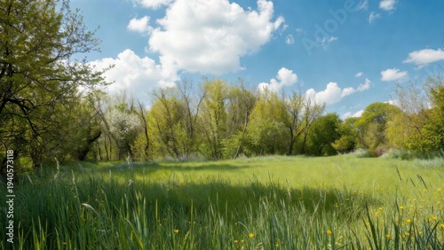Lush spring meadow and blue sky with fluffy clouds.