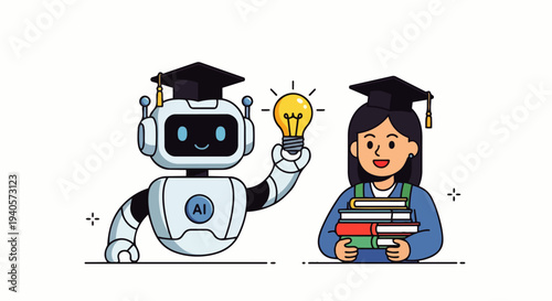 Flat vector illustration of AI technology in education with student characters, teacher, and AI robot for learning and teaching. Digital education and artificial intelligence concept with clean design