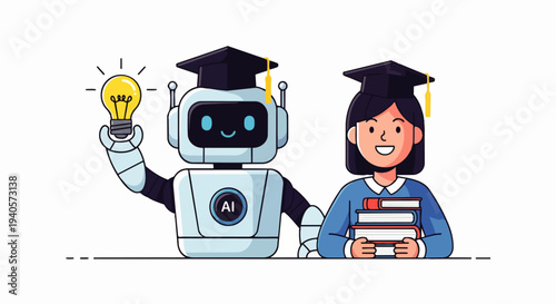 Flat vector illustration of AI technology in education with student characters, teacher, and AI robot for learning and teaching. Digital education and artificial intelligence concept with clean design