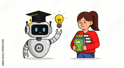 Flat vector illustration of AI technology in education with student characters, teacher, and AI robot for learning and teaching. Digital education and artificial intelligence concept with clean design