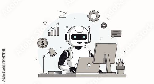 Flat vector illustration of an artificial intelligence (AI) robot working on a laptop and wearing a headset in a modern office workspace, artificial intelligence, business and automation concept.