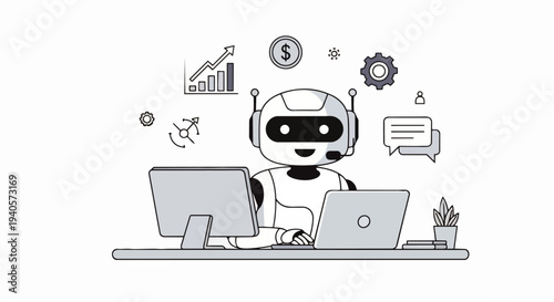 Flat vector illustration of an artificial intelligence (AI) robot working on a laptop and wearing a headset in a modern office workspace, artificial intelligence, business and automation concept.