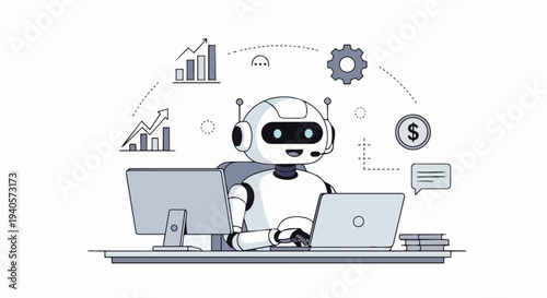 Flat vector illustration of an artificial intelligence (AI) robot working on a laptop and wearing a headset in a modern office workspace, artificial intelligence, business and automation concept.